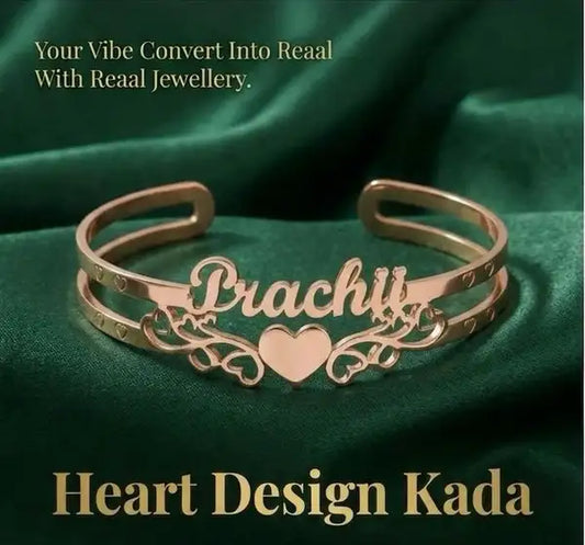 Customized Heart Name Kada Bracelet Personalized Gold Plated Stylish Open Cuff Customizable Unique Gift