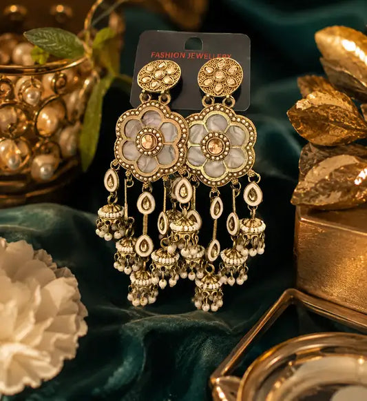 Elegant Floral Kundan Pearl Jhumka Earrings For Women Antique Gold Ethnic Statem Plated Design