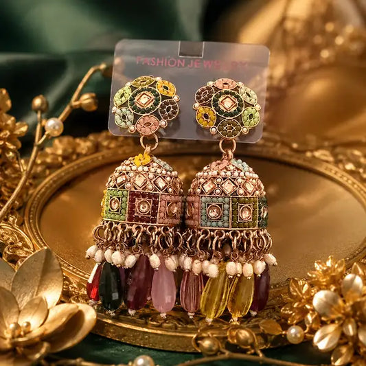 Multicolor Beaded Antique Jhumka Earrings With Pearl Tassels Elegant Premium Finish Design Ring Stylish