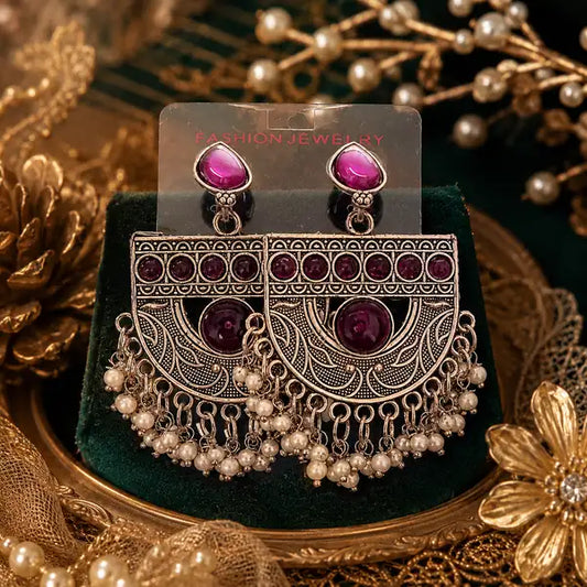 Oxidised Silver Tone Purple Stone Statement Earrings With Pearl Tassels Elegant Plated Design Ring