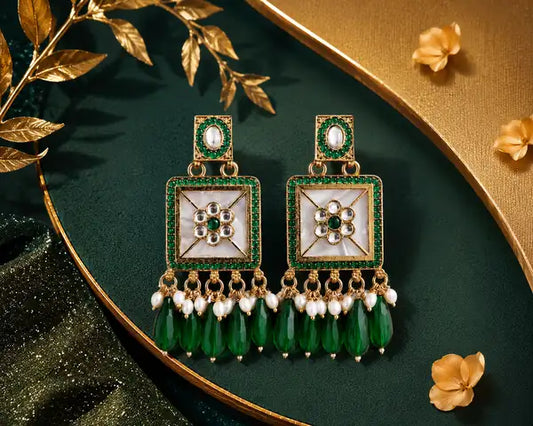 Premium Green Kundan Pearl Drop Earrings For Women Traditional Gold Plated Party Elegant Work