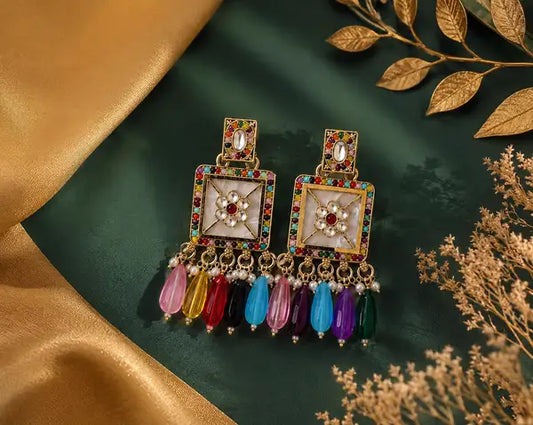 Premium Multicolor Kundan Pearl Drop Earrings For Women Gold Plated Ethnic Party Elegant Work