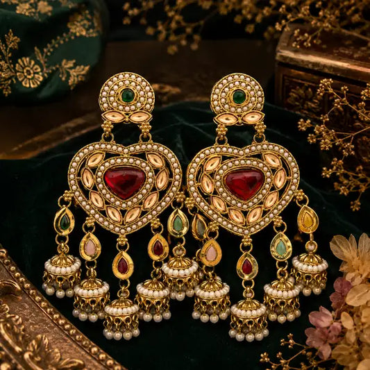 Royal Heart Kundan Pearl Jhumka Earrings For Women Multicolor Antique Gold Brida Elegant Plated