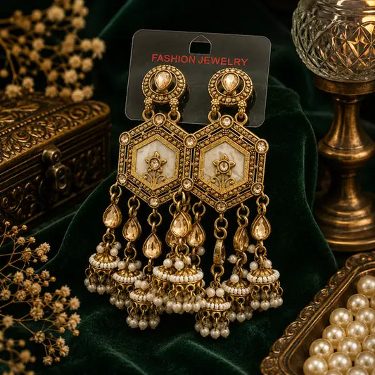 Royal Hexagon Kundan Pearl Jhumka Earrings For Women Antique Gold Designer Ethni Elegant Plated