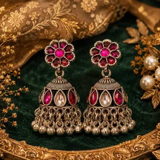 Royal Ruby Stone Oxidized Jhumka Earrings For Women Antique Silver Ethnic Tradit Elegant Plated