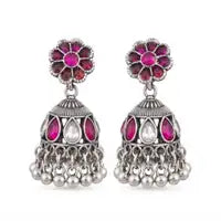 Royal Ruby Stone Oxidized Jhumka Earrings For Women Antique Silver Ethnic Tradit Elegant Plated