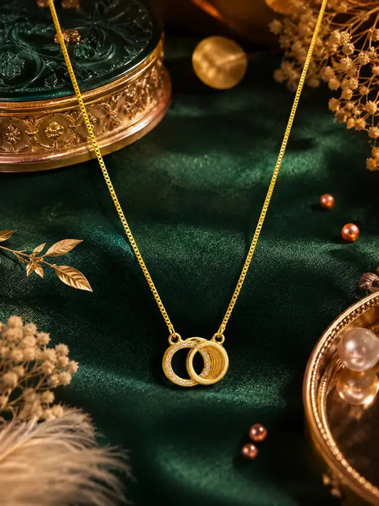 Elegant Double Circle Gold Plated Pendant Necklace For Women Premium Zircon Ring Sparkling Stone