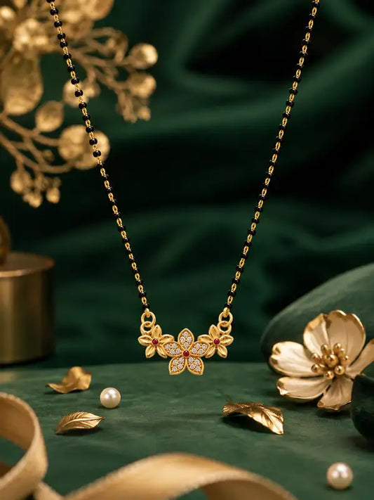 Elegant Floral Stone Mangalsutra Necklace For Women Gold Plated Black Bead Chain Design Stylish