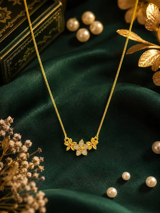 Gold Plated Floral Pendant Necklace For Women Crystal Flower With Ruby Elegant Design Stylish