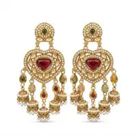 Royal Heart Kundan Pearl Jhumka Earrings For Women Multicolor Antique Gold Brida Elegant Plated