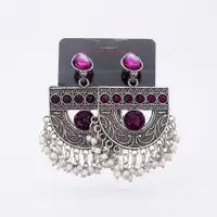 Oxidised Silver Tone Purple Stone Statement Earrings With Pearl Tassels Elegant Plated Design Ring