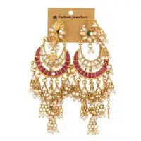 Royal Ruby Kundan Chandbali Earrings For Women Gold Plated Pearl Tassel Ethnic Elegant Stone