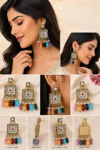 Premium Multicolor Kundan Pearl Drop Earrings For Women Gold Plated Ethnic Party Elegant Work