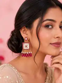 Premium Ruby Kundan Pearl Drop Earrings For Women Gold Plated Traditional Party Elegant Stone