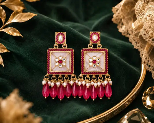 Premium Ruby Kundan Pearl Drop Earrings For Women Gold Plated Traditional Party Elegant Stone