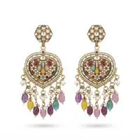 Royal Multicolor Kundan Pearl Chandbali Earrings For Women Antique Gold Ethnic Elegant Plated Work