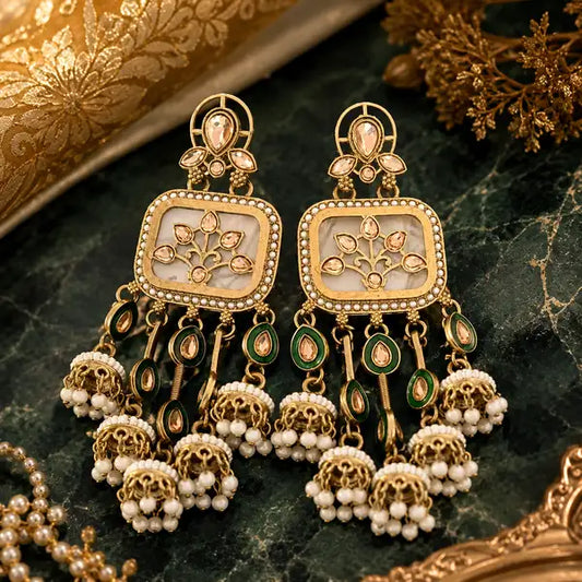 Royal Green Kundan Pearl Jhumka Earrings For Women Antique Gold Floral Ethnic Elegant Plated