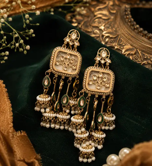 Royal Kundan Pearl Chandbali Earrings For Women Green Gold Ethnic Designer Jhumk Elegant Plated
