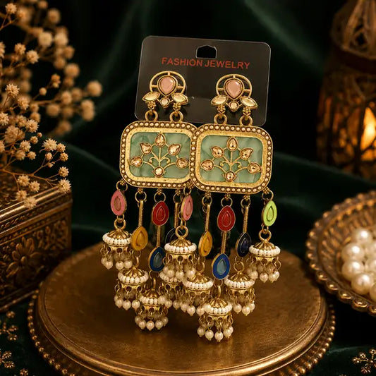Royal Mint Green Kundan Pearl Jhumka Earrings For Women Multicolor Antique Gold Elegant Plated