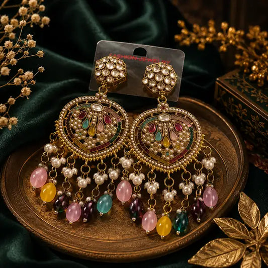 Royal Multicolor Kundan Chandbali Earrings For Women Antique Gold Pearl Drop Eth Elegant Plated