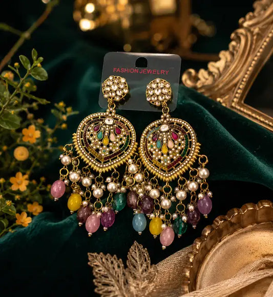 Royal Multicolor Kundan Pearl Chandbali Earrings For Women Antique Gold Ethnic Elegant Plated Work