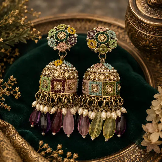 Royal Multicolor Meenakari Jhumka Earrings For Women Antique Gold Pearl Drop Eth Elegant Plated