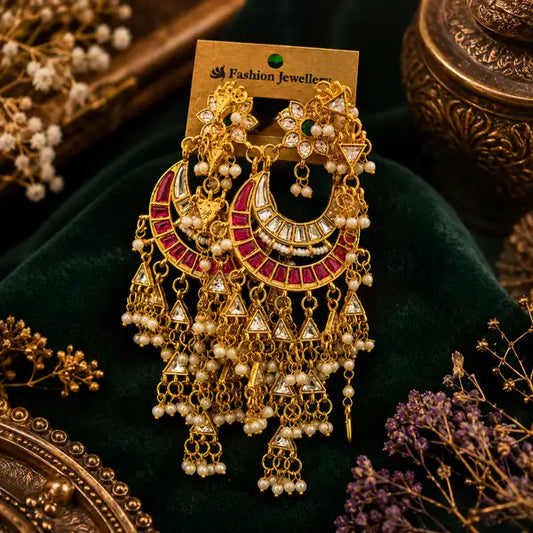Royal Ruby Kundan Chandbali Earrings For Women Gold Plated Pearl Tassel Ethnic Elegant Stone
