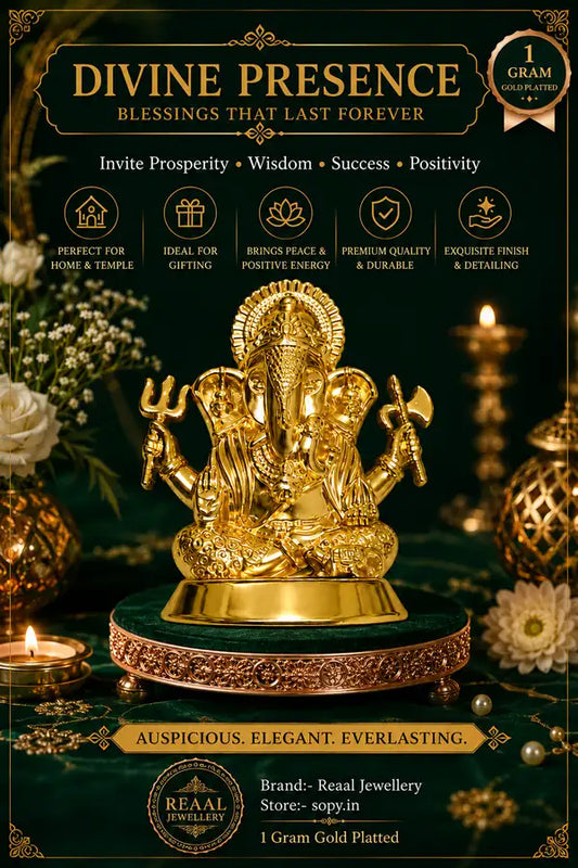Elegant Ganesh Murti Gold Finish For Home Temple Gift God Plated Design Ganesha Idol